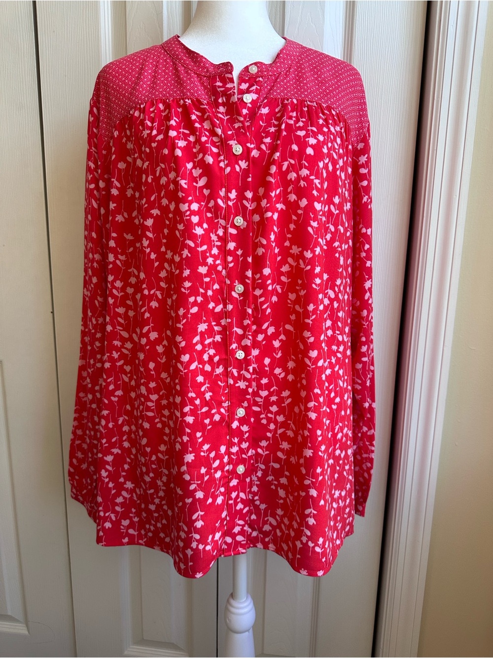 Lands' End Red Floral Button-Front Blouse